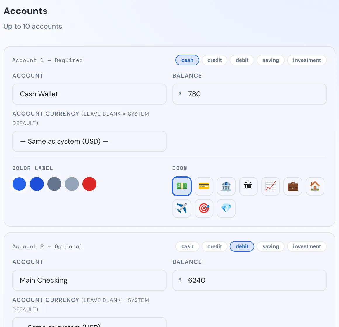 The Accounts settings with type, name, balance, currency, colour and icon for each account