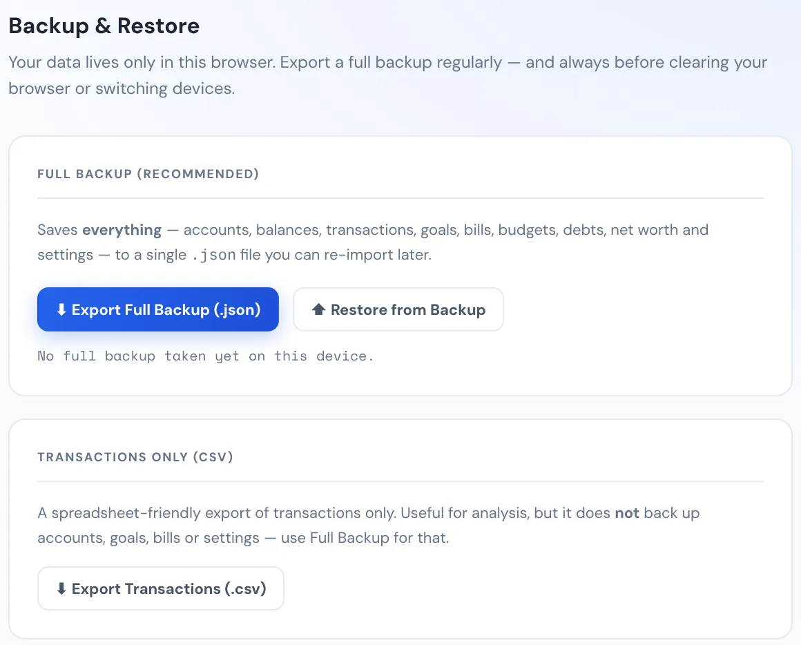 The Backup and Restore settings with Export Full Backup, Restore from Backup and Export Transactions