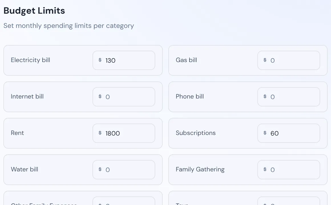 The Budgets settings with a monthly limit box next to each sub-category