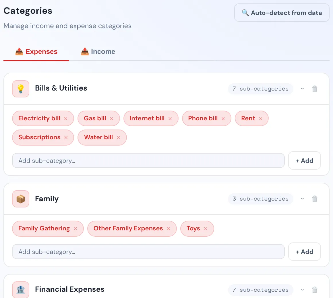 The Categories settings with groups such as Bills & Utilities and their sub-categories