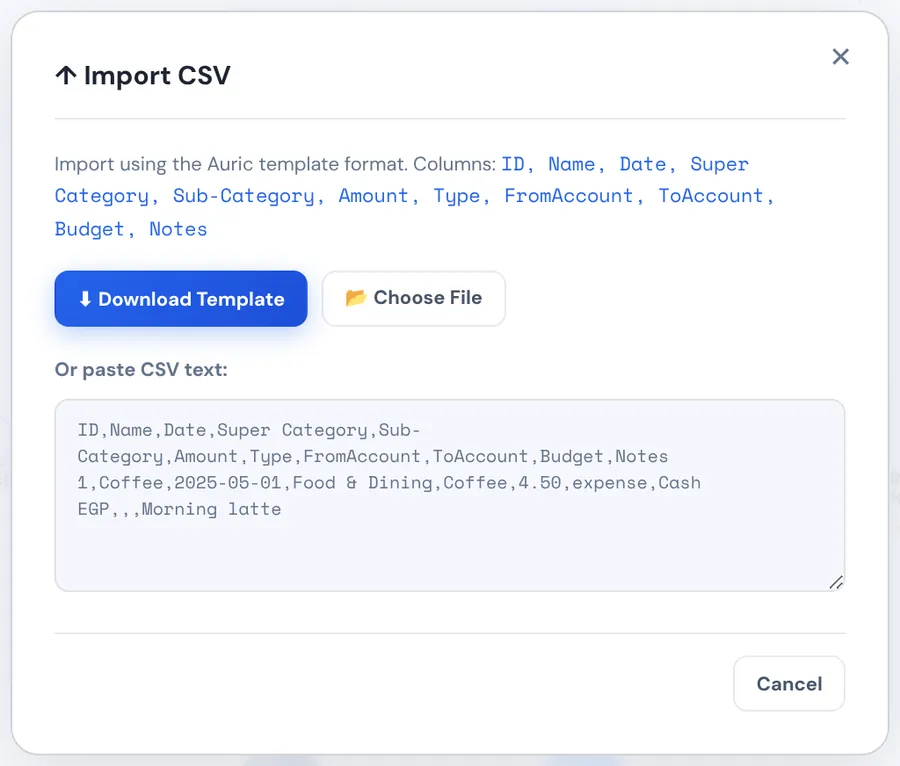 The Import CSV window with Download Template, Choose File and a box to paste CSV text