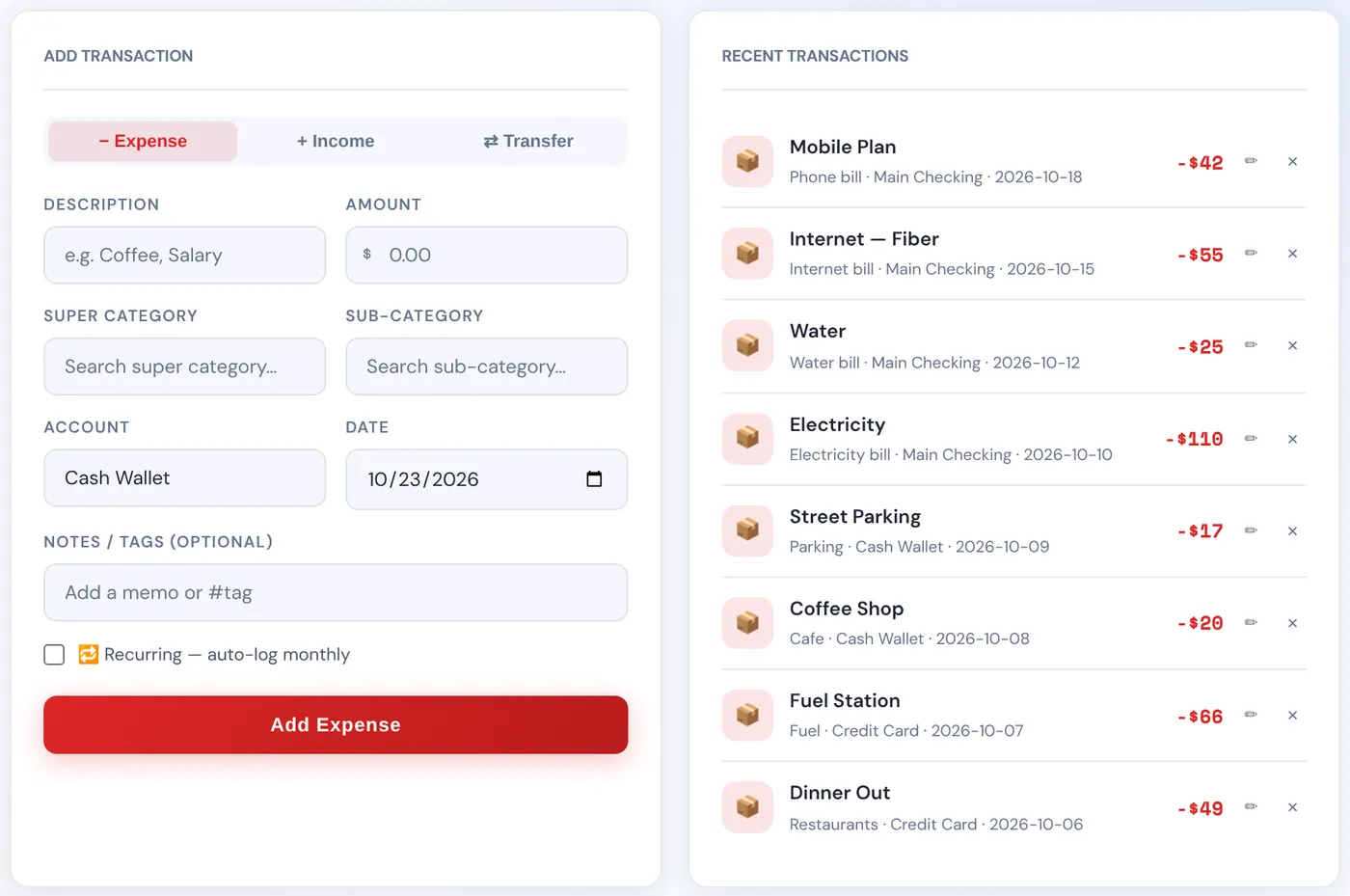 The Log tab with the full transaction form on the left and recent transactions on the right