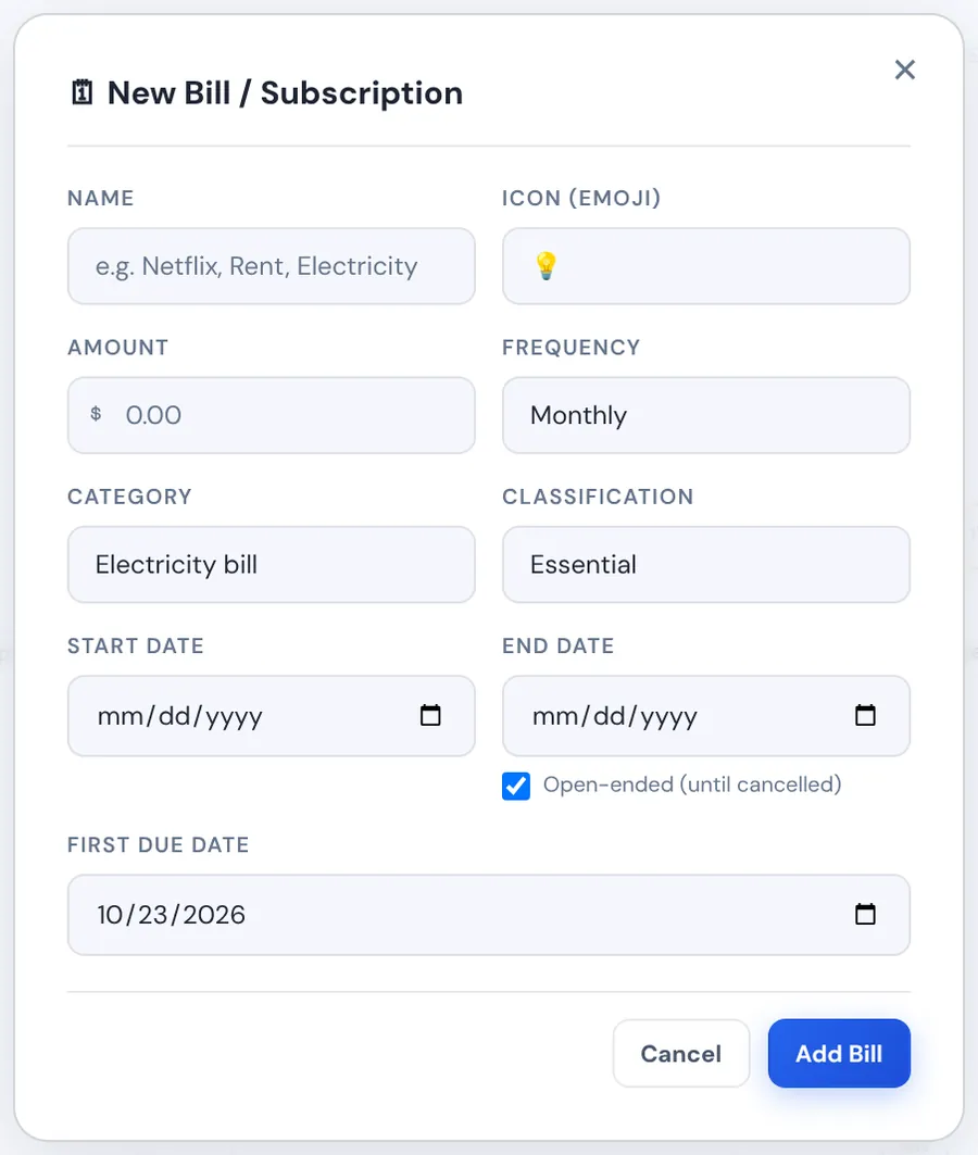 The New Bill window with name, icon, amount, frequency, category, classification and dates