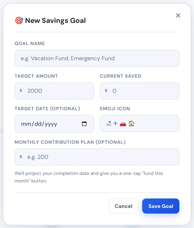 The New Savings Goal window with name, target amount, saved so far, date, emoji and monthly plan