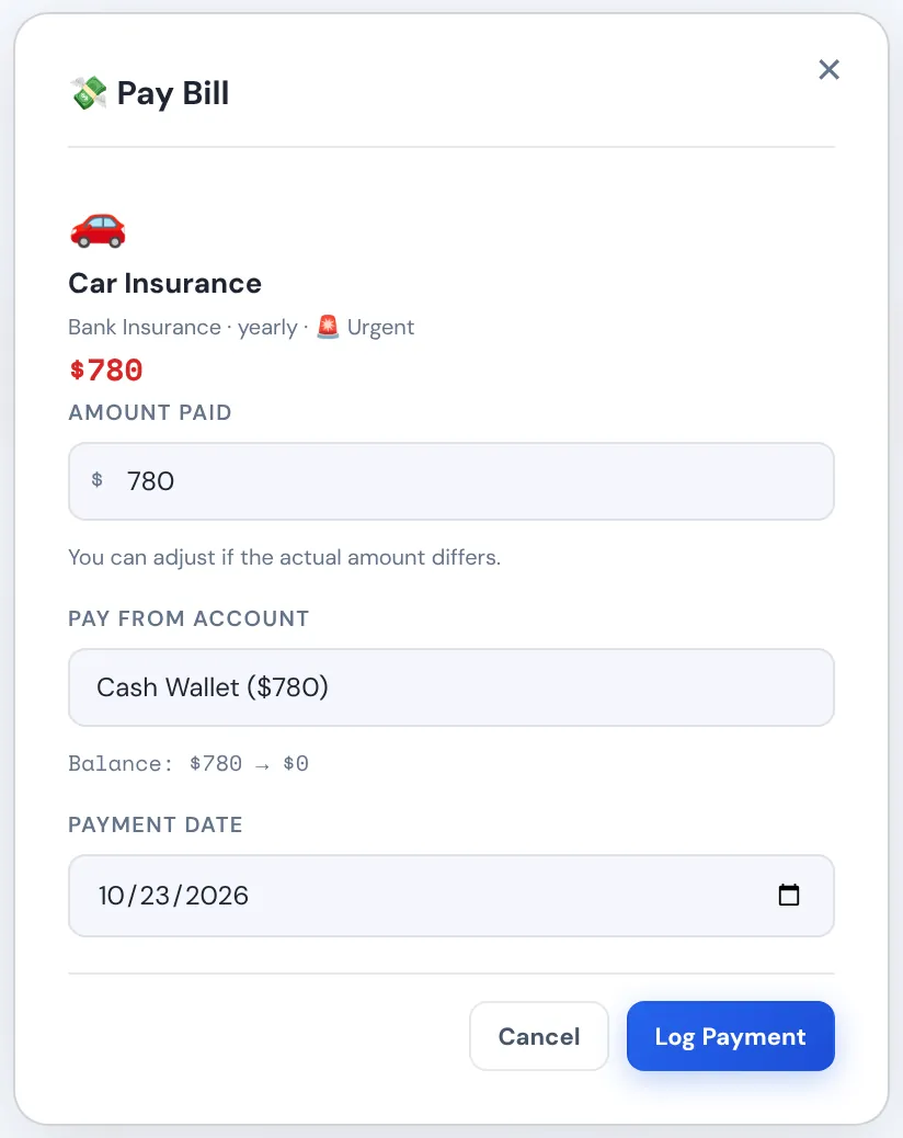 The Pay Bill window with amount paid, the account to pay from and the payment date