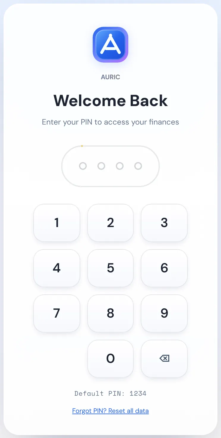 Auric's PIN screen with a number keypad