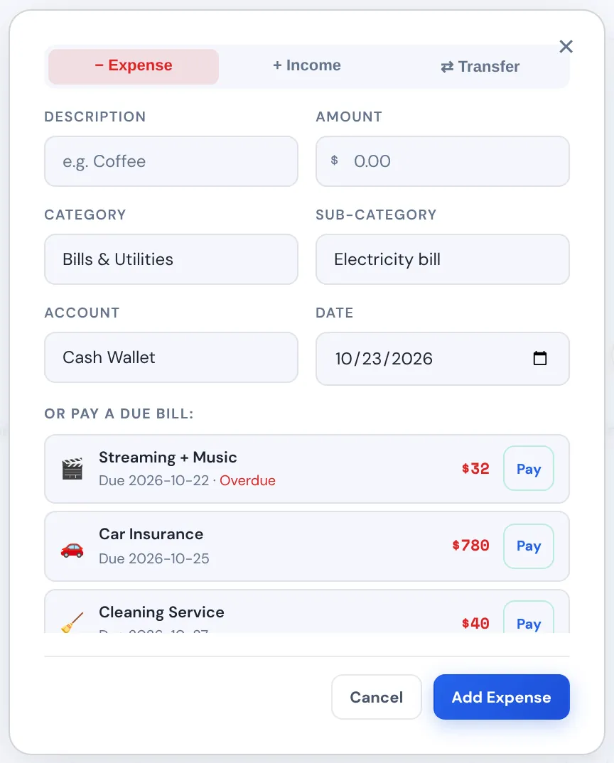 The quick add window with expense, income and transfer, and a list of due bills to pay