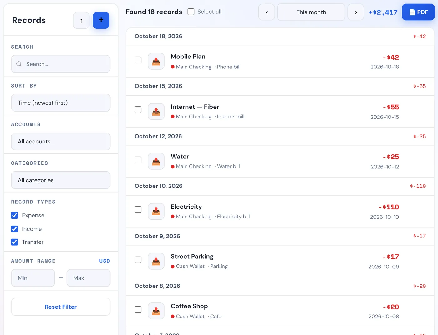 The Transactions tab with search, sort and filters on the left and the list on the right