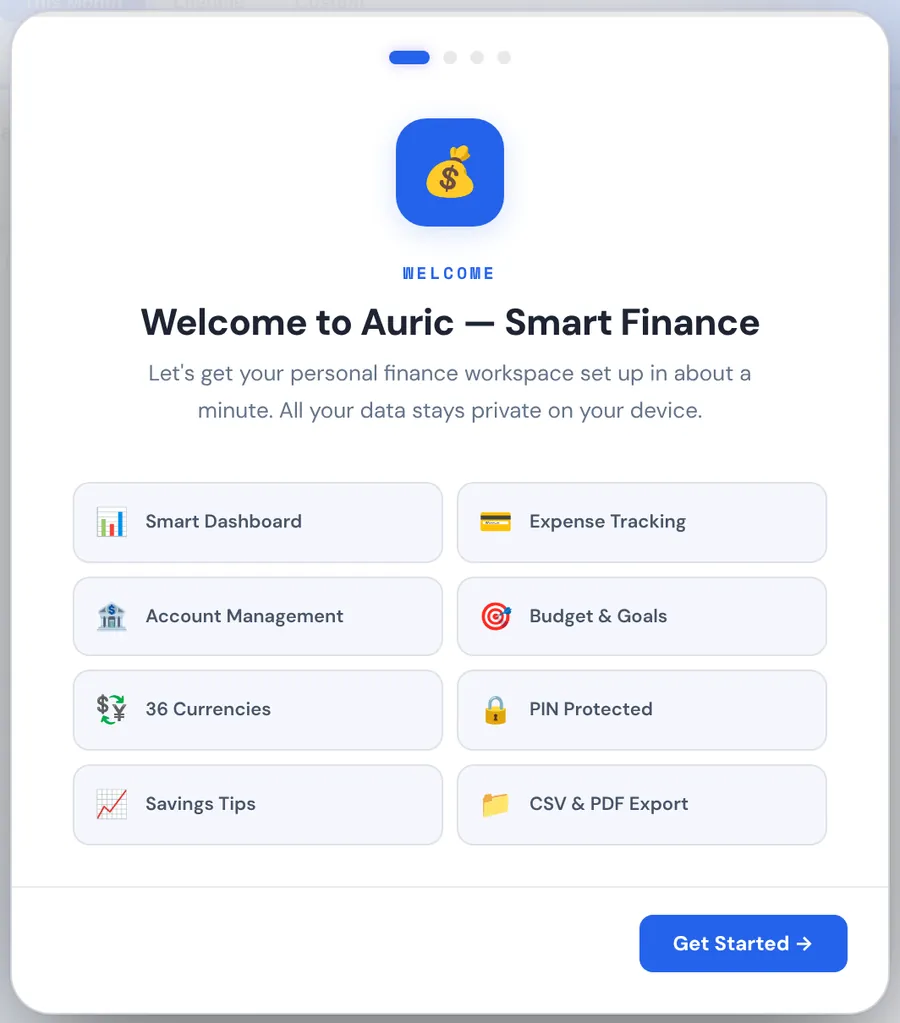 Auric's welcome screen listing its main features
