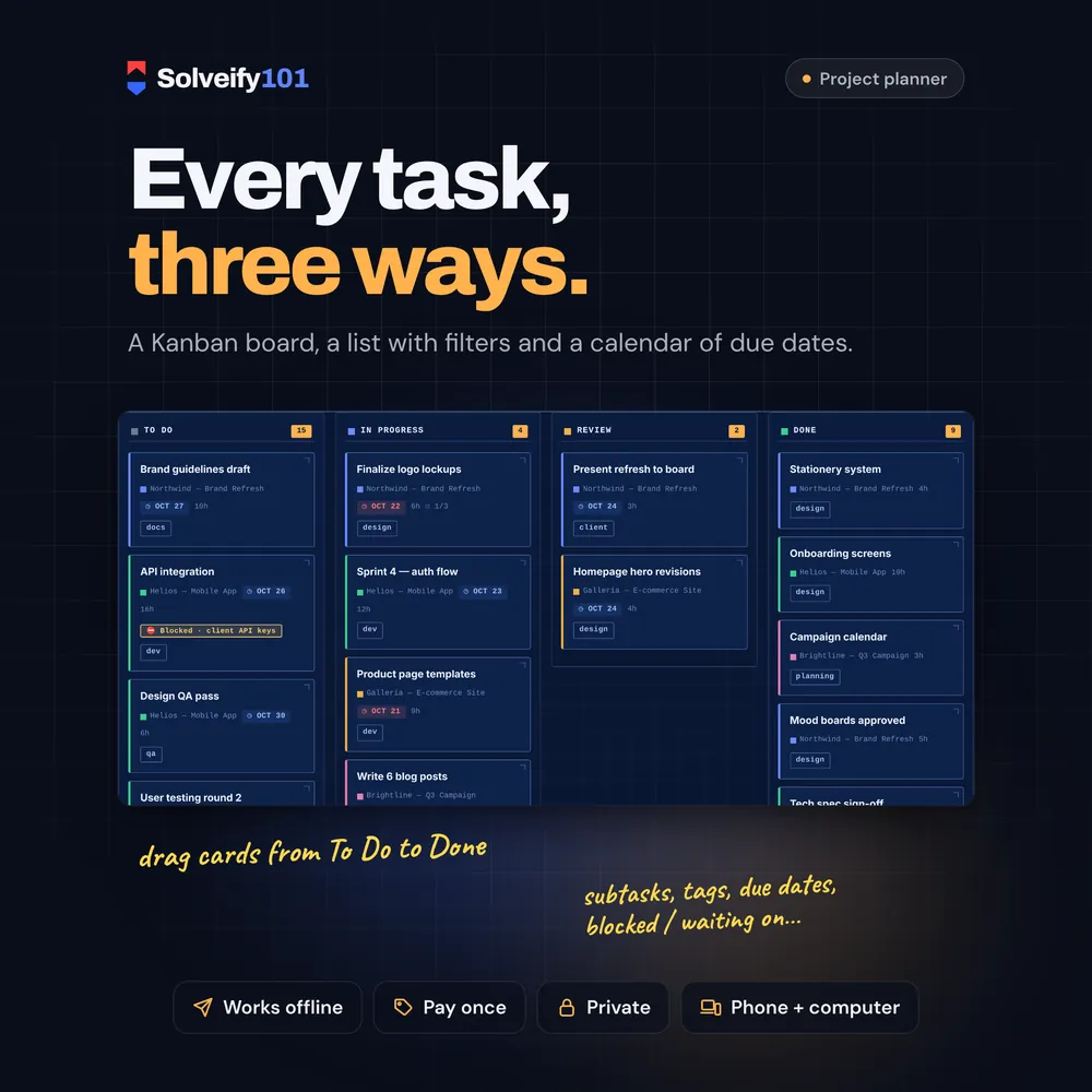 Project Manager 101: Every task on a board, a list or a calendar.